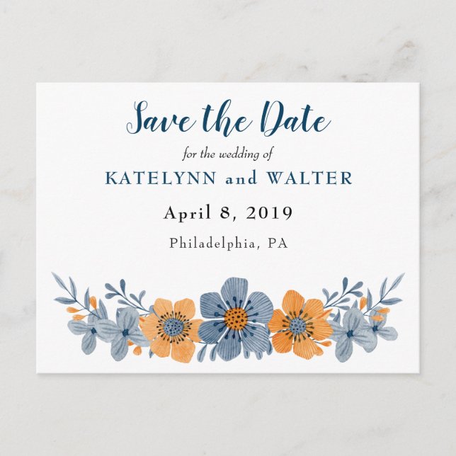 Blue and Orange Flower Save the Date Postcards (Front)
