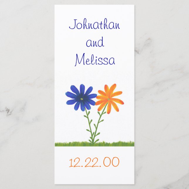 Blue and Orange Flowers, custom menu cards (Front)