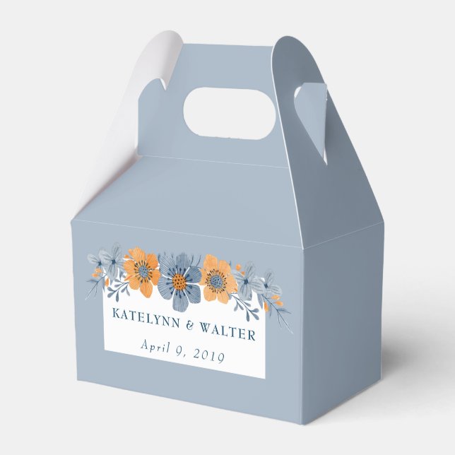 Blue and Orange Flowers Light Blue Wedding Favour Favour Box (Front Side)