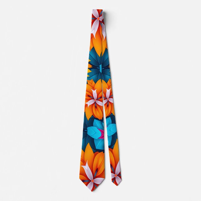 Blue and Orange Flowers Pattern Tie (Front)