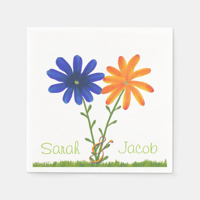 Blue and Orange Flowers Personalised Napkins (Front)
