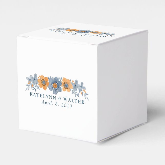 Blue and Orange Flowers Square Wedding Favour Box (Front Side)