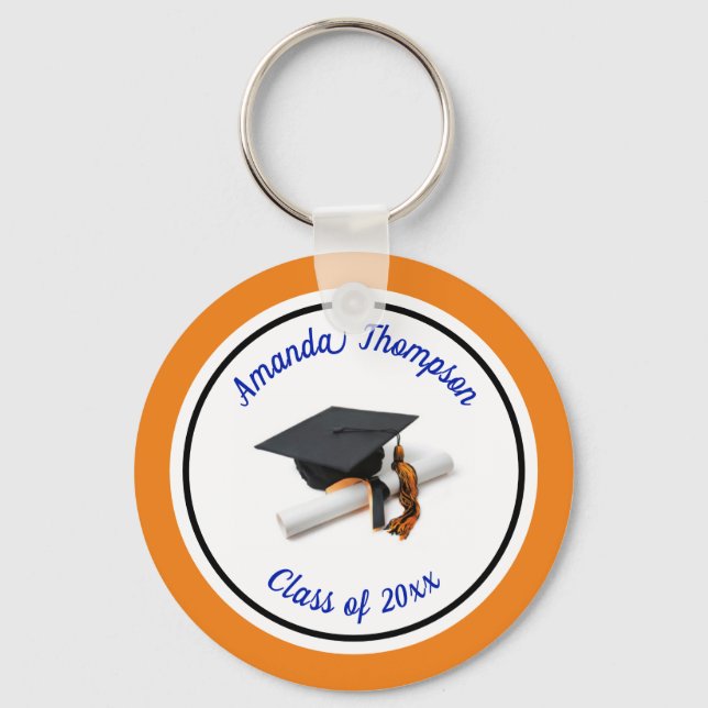 Blue and Orange Graduation Cap and Tassel Key Ring (Front)