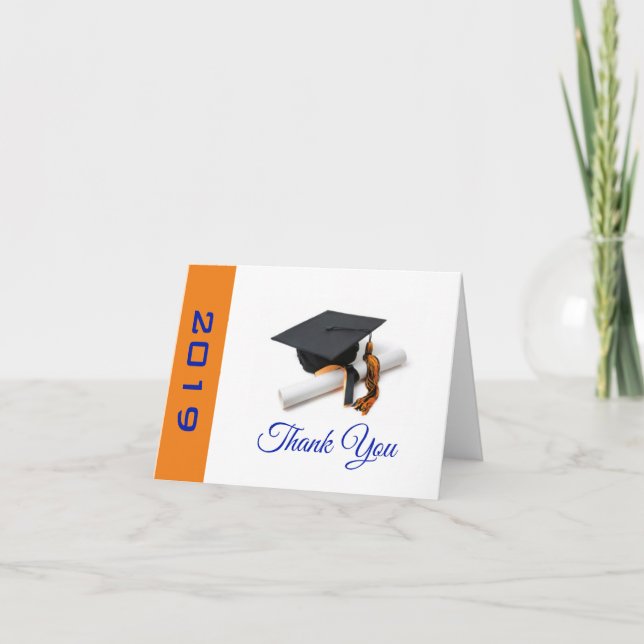 Blue and Orange Graduation Cap and Tassel Thank You Card (Front)