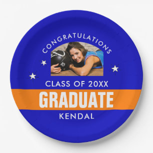 Blue and Orange Graduation Photo Custom Paper Plat Plate