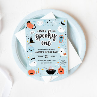Blue and Orange Halloween 1st Birthday Invitation