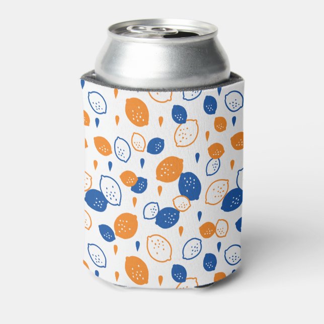 Blue and Orange Lemon Pattern Playful Fruit-Themed Can Cooler (Can Back)
