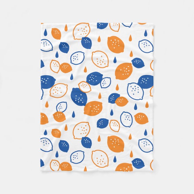 Blue and Orange Lemon Pattern Playful Fruit-Themed Fleece Blanket (Front)