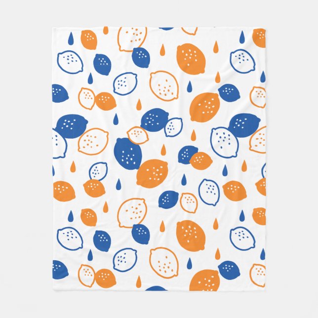 Blue and Orange Lemon Pattern Playful Fruit-Themed Fleece Blanket (Front)