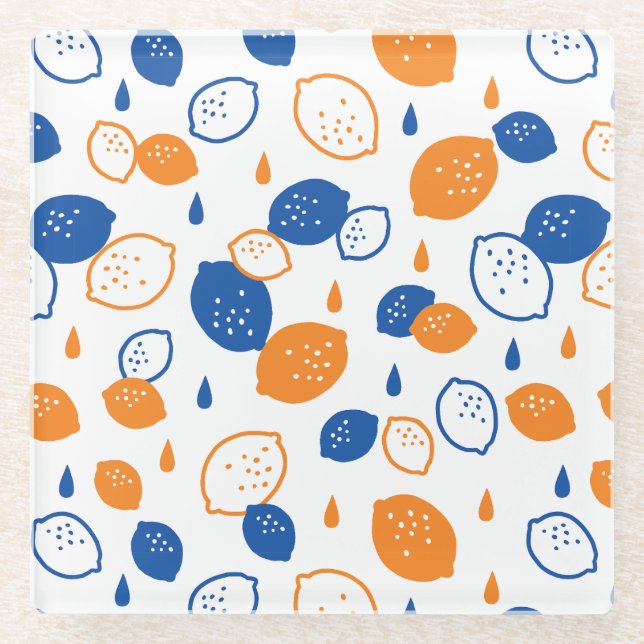 Blue and Orange Lemon Pattern Playful Fruit-Themed Glass Coaster (Front)