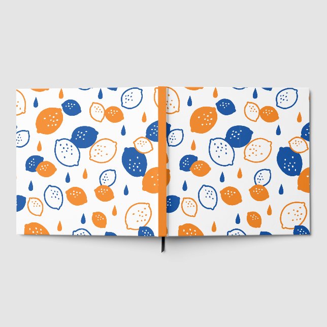 Blue and Orange Lemon Pattern Playful Fruit-Themed Guest Book (Full)