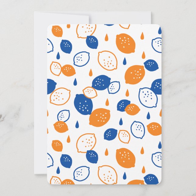 Blue and Orange Lemon Pattern Playful Fruit-Themed Invitation (Front)