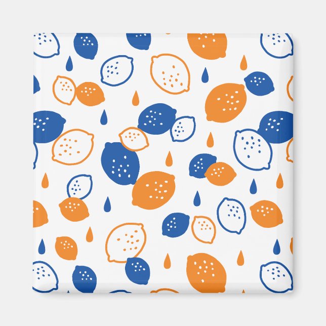 Blue and Orange Lemon Pattern Playful Fruit-Themed Magnet (Front)