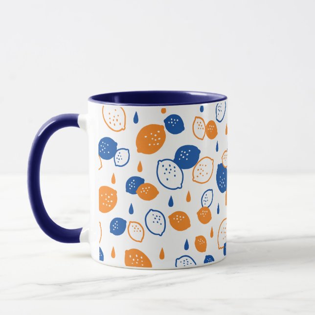 Blue and Orange Lemon Pattern Playful Fruit-Themed Mug (Left)
