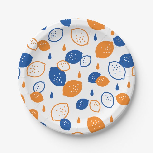 Blue and Orange Lemon Pattern Playful Fruit-Themed Paper Plate (Front)