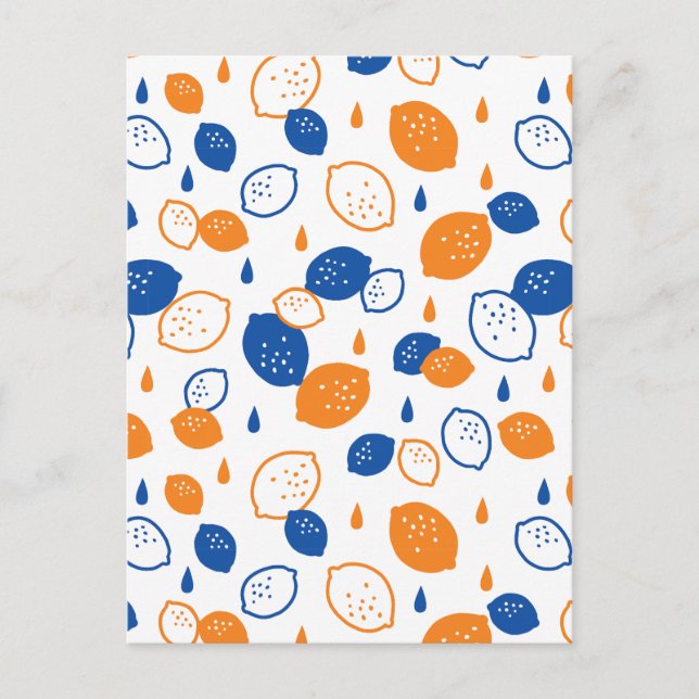 Blue and Orange Lemon Pattern Playful Fruit-Themed Postcard (Front)