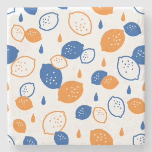 Blue and Orange Lemon Pattern Playful Fruit-Themed Stone Coaster