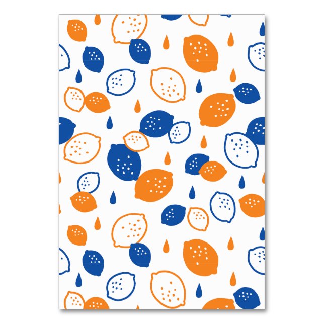 Blue and Orange Lemon Pattern Playful Fruit-Themed Table Number (Front)