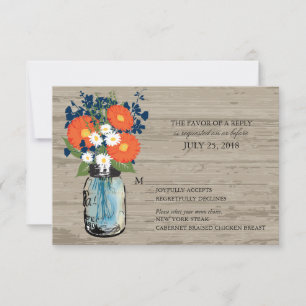 Blue and Orange Mason Jar Wood RSVP Card