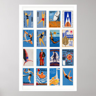 Blue and Orange Matchbox Label Collage, vibrant Poster