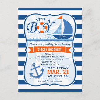Blue and Orange Nautical Baby Shower Invitation Postcard