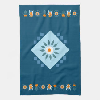 Blue and Orange Owl Flower Folk Art Tea Towel