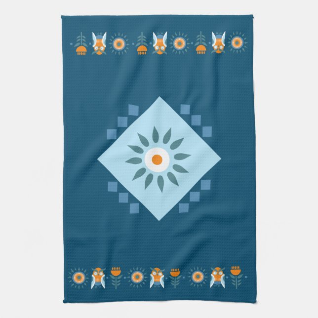 Blue and Orange Owl Flower Folk Art Tea Towel (Vertical)