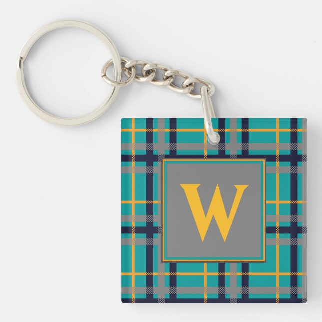 Blue and Orange Plaid Acrylic Keychain (Front)