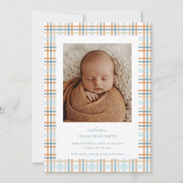 Blue and Orange Plaid Baby Announcement (Front)