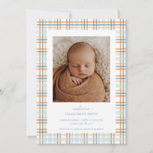 Blue and Orange Plaid Baby Announcement