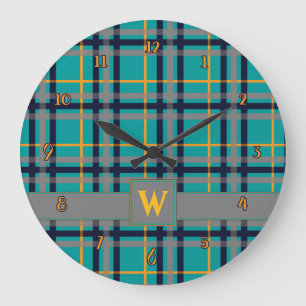 Blue and Orange Plaid Clock