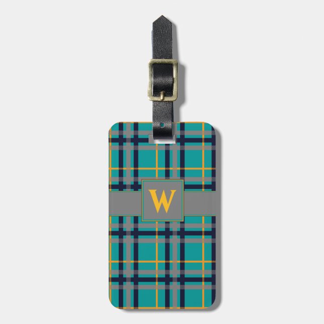 Blue and Orange Plaid Luggage Tag (Front Vertical)