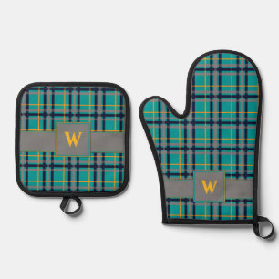 Blue and Orange Plaid Oven Mitt & Pot Holder Set