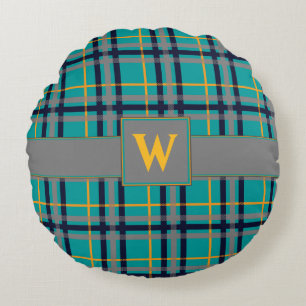 Blue and Orange Plaid Round Pillow