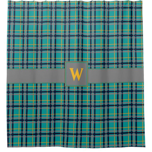 Blue and Orange Plaid Shower Curtain (Front)