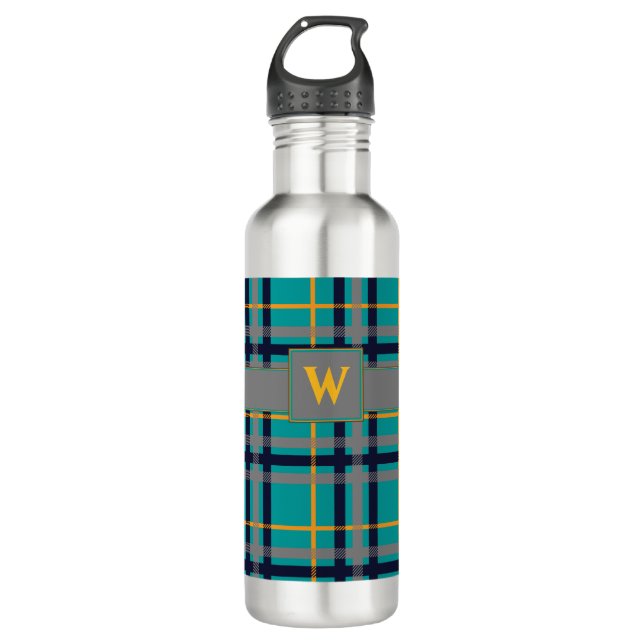 Blue and Orange Plaid Water Bottle (Front)