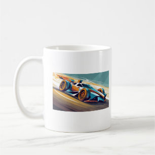 Blue and orange racing car on track coffee mug