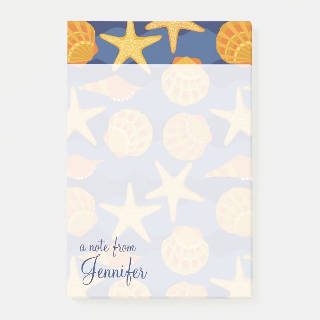 Blue And Orange Seashell Pattern | Add Your Name Post-it Notes (Front)