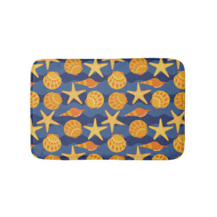 Blue And Orange Seashell Pattern Bath Mat