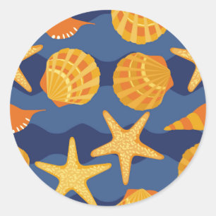 Blue And Orange Seashell Pattern Classic Round Sticker