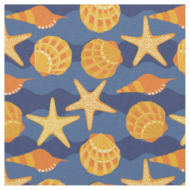 Blue And Orange Seashell Pattern Fabric (Close Up)