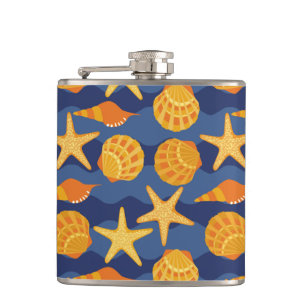 Blue And Orange Seashell Pattern Hip Flask