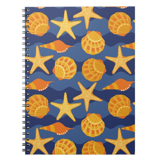 Blue And Orange Seashell Pattern Spiral Notebook (Front)