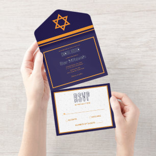 Blue and Orange Silver Foil Bar Mitzvah All In One Invitation
