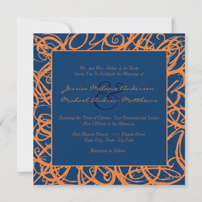 Blue and Orange Sketchy Frame Wedding Invitation (Front)