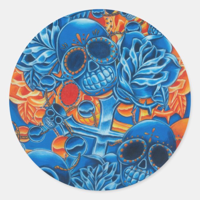 Blue and Orange Skulls Classic Round Sticker (Front)