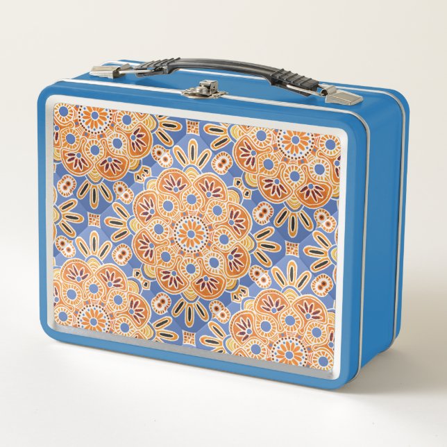 Blue and Orange tile Print Lunch Box (Front)