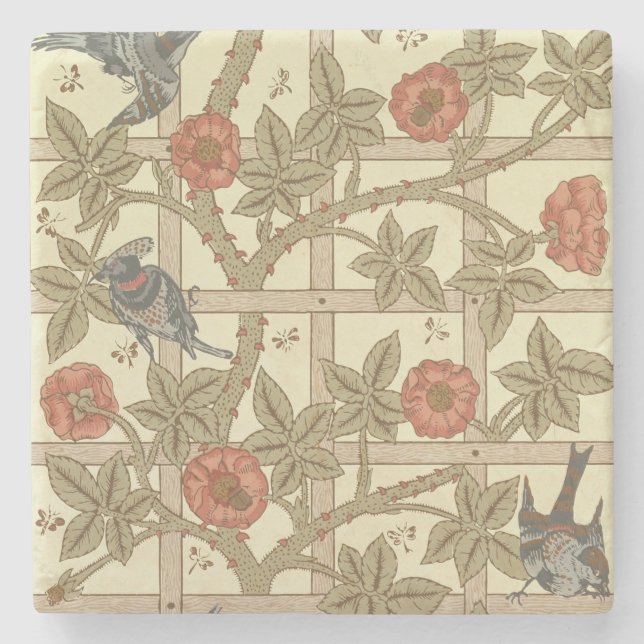 Blue and orange trellis wallpaper design, 1864 stone coaster (Front)