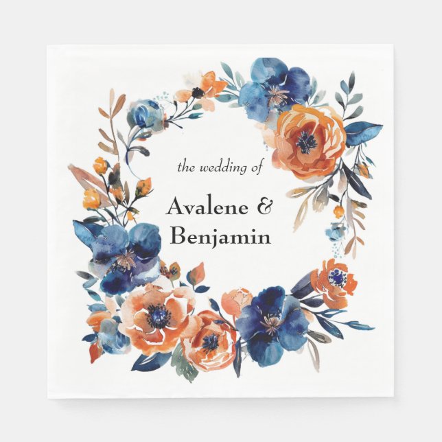 Blue and Orange Watercolor Floral Wedding Napkin (Front)