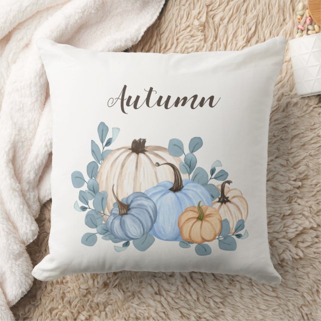Blue and Orange Watercolor Pumpkins Autumn Cushion (Blanket)